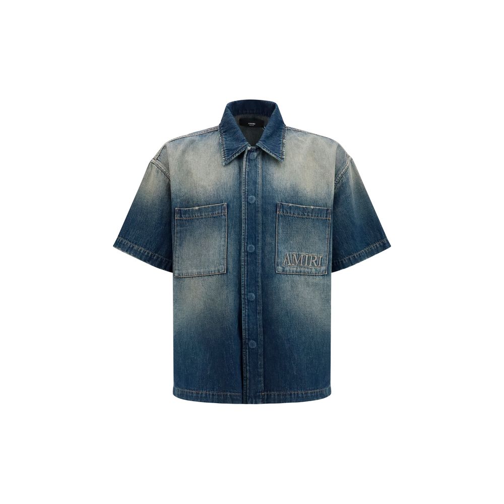 Sun-Faded Denim Shirt with 3D Embroidered Logo