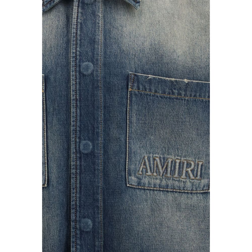 Sun-Faded Denim Shirt with 3D Embroidered Logo