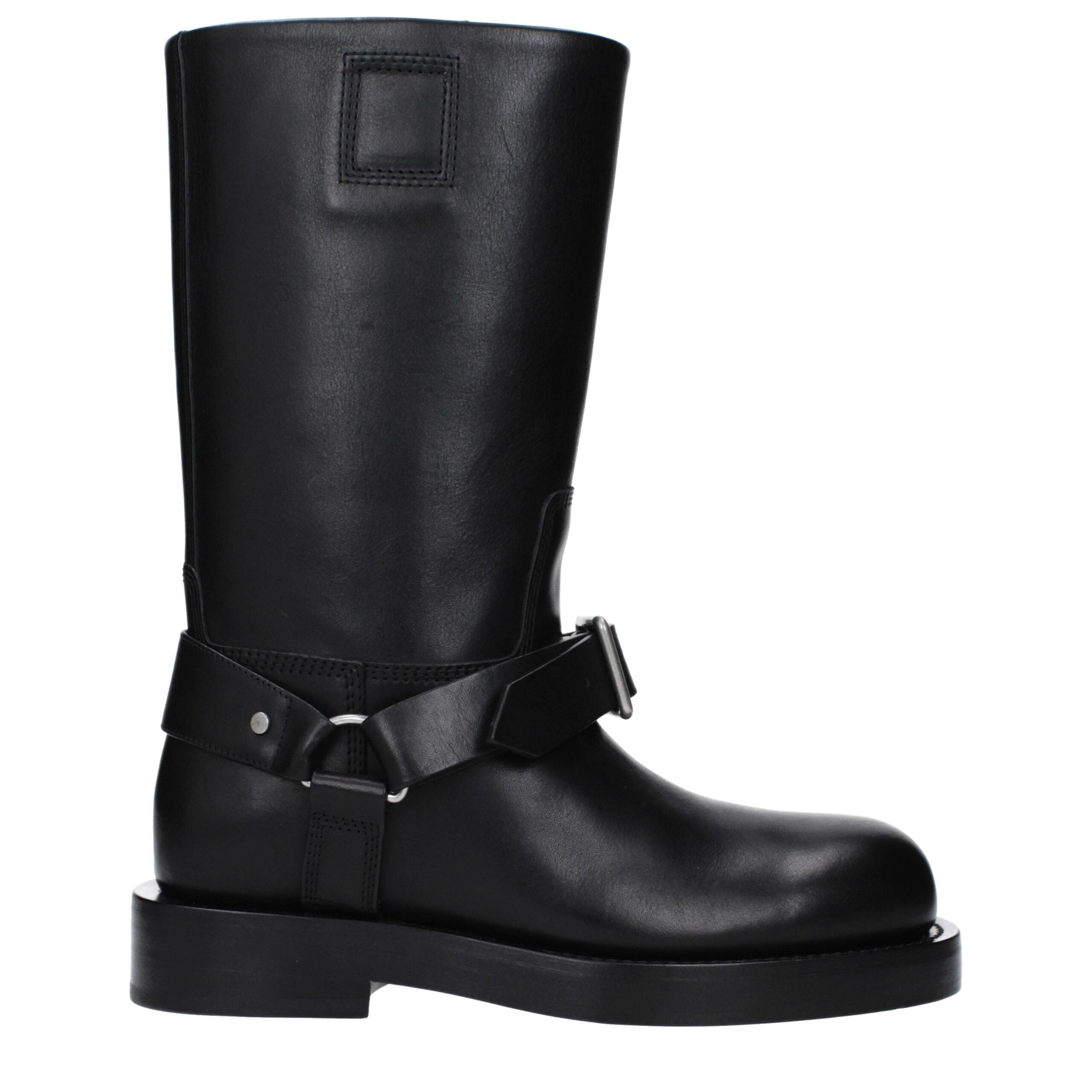 Black Grained Leather Buckle Boots
