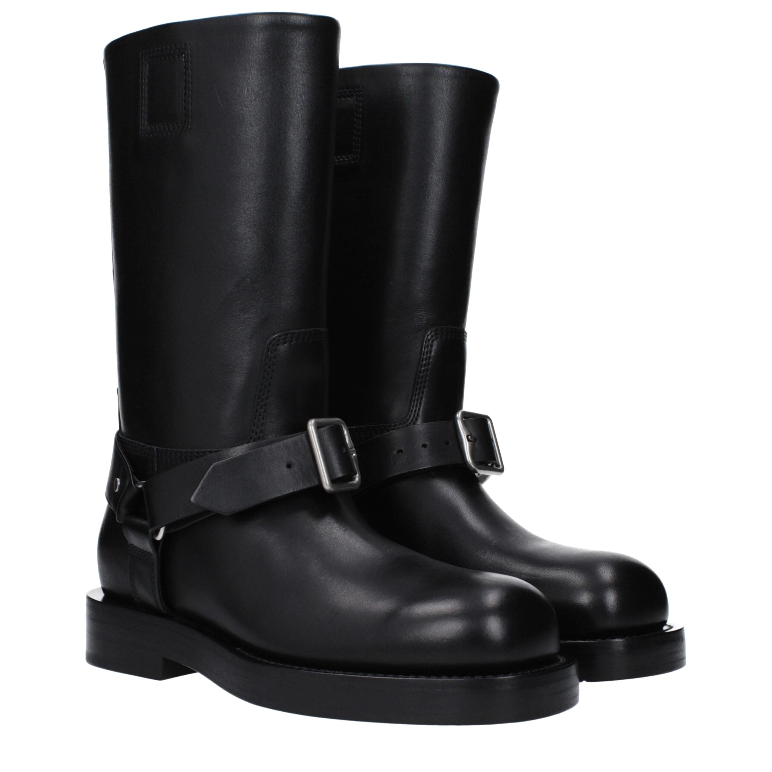 Black Grained Leather Buckle Boots