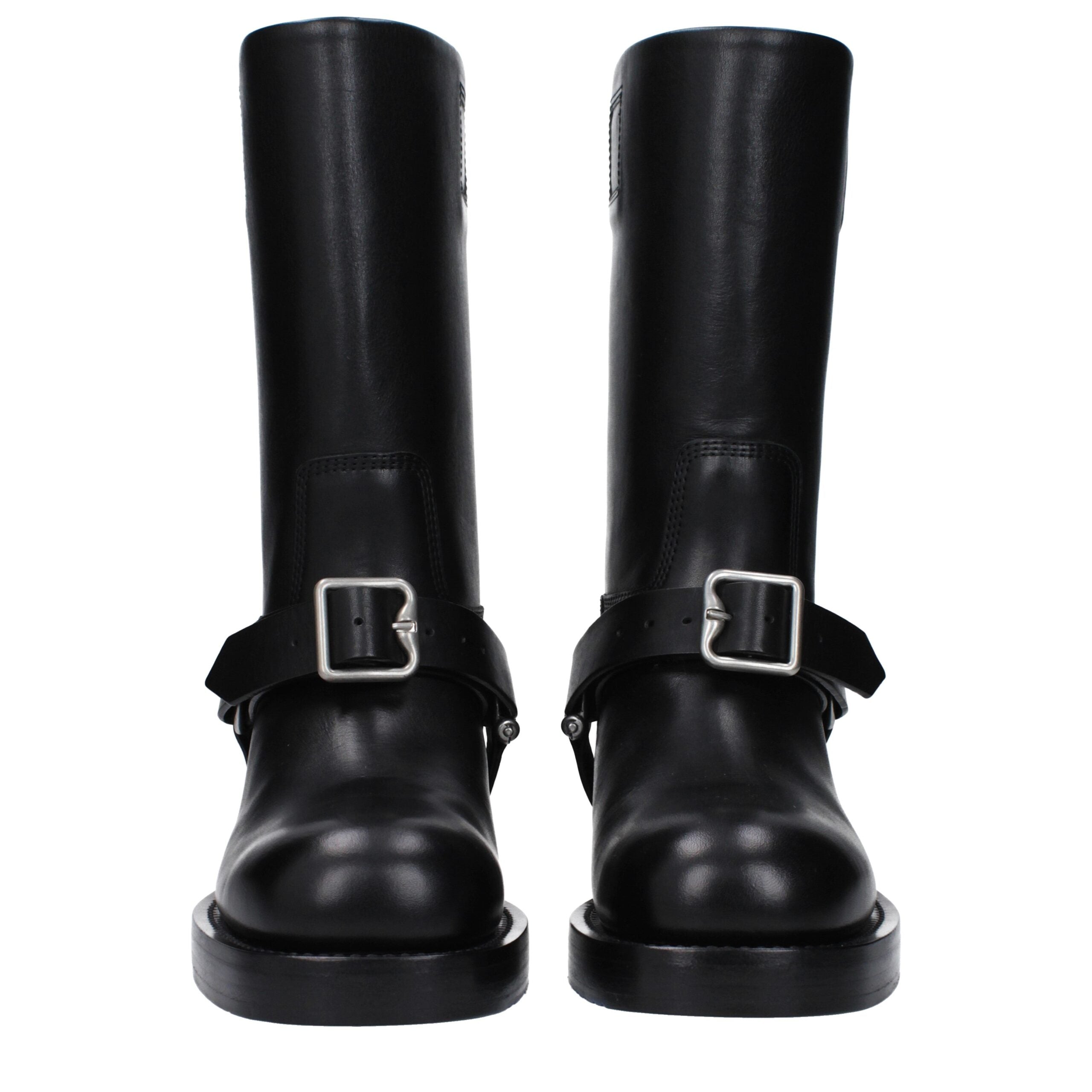 Black Grained Leather Buckle Boots