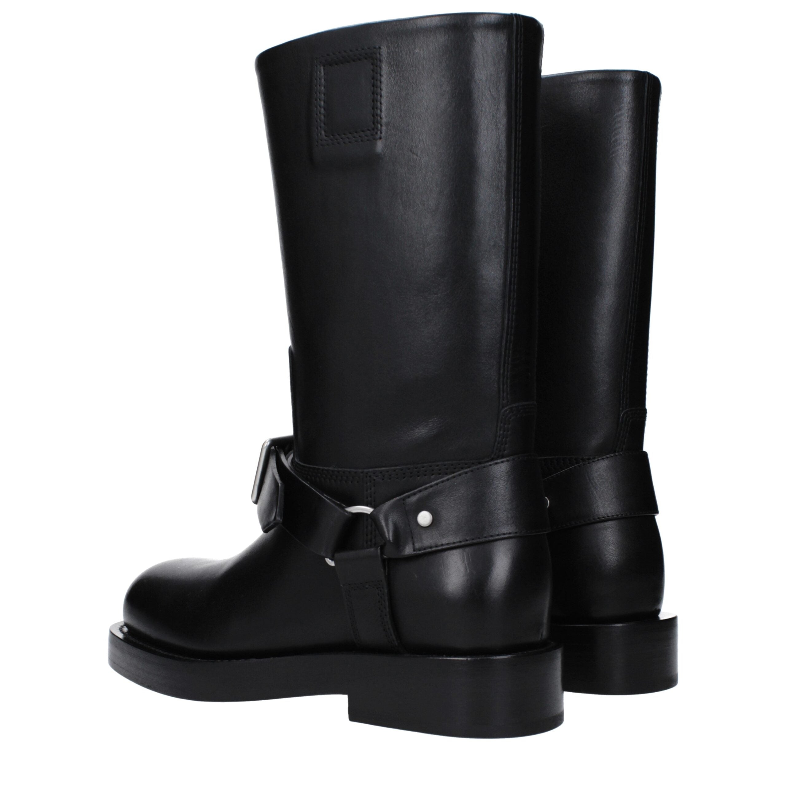 Black Grained Leather Buckle Boots